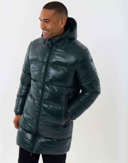 Threadbare Longline showerproof hooded puffer coat in forest green, 5 of 5