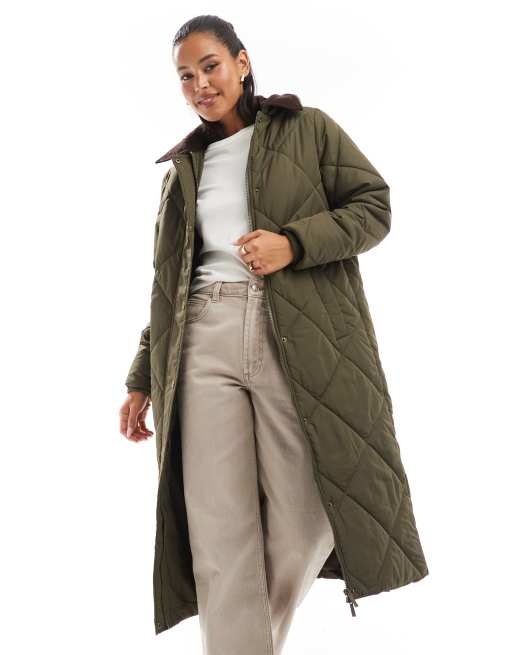 Threadbare – Longline-Steppjacke in Khaki mit farblich abgesetztem Kragen, 2 von 4