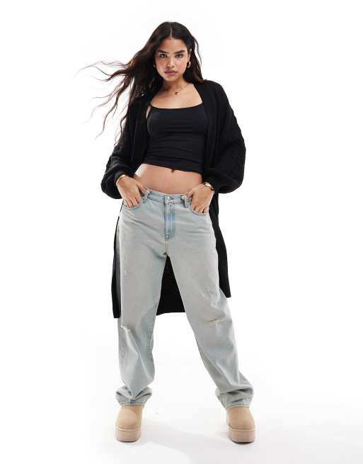 Threadbare – Longline-Strickjacke in Schwarz mit Zopfmuster