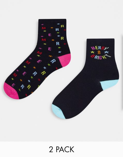 Threadbare - Lot de 2 paires de chaussettes de Noël à inscription « Merry & Bright » - Noir - view 1