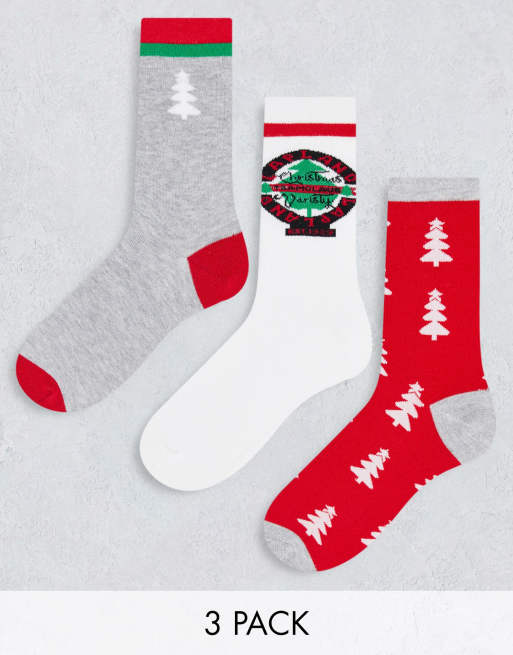 Threadbare - Lot de 3 paires de chaussettes de Noël à motif style universitaire - Rouge et gris