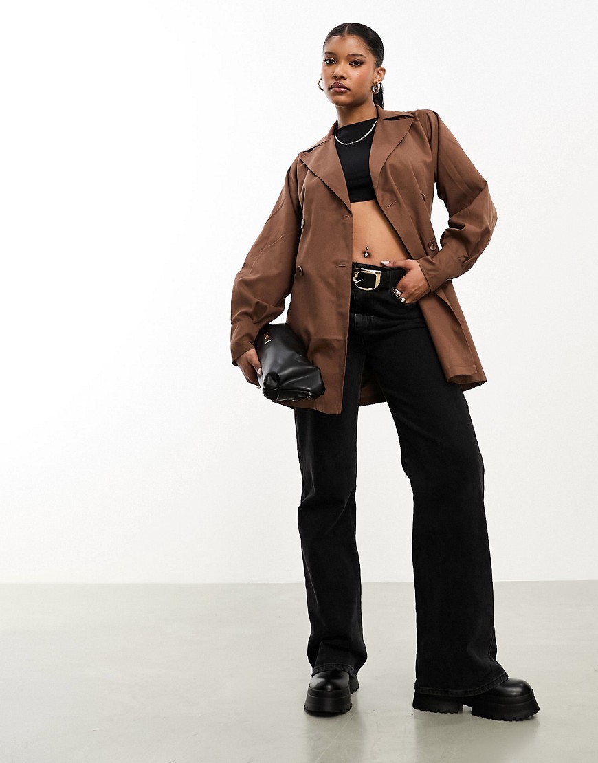 Threadbare Lou short belted trench coat in brown