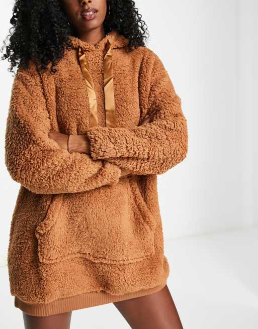 Threadbare lounge bell hoodie dress in tan teddy