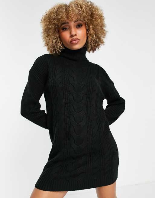 Threadbare Luce Robe pull en maille torsad e col roul Noir