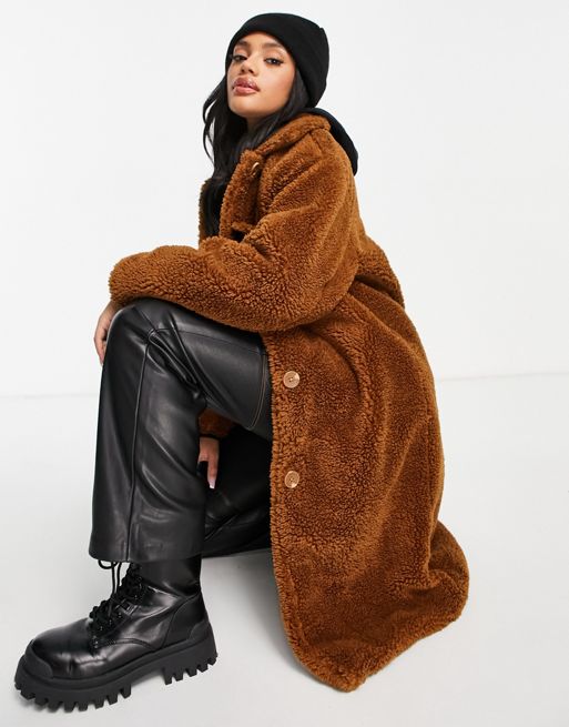 Threadbare Lulu oversized longline borg coat in tan | ASOS