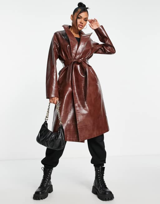 Threadbare Lynda PU tie waist knee length coat in brown croc, 4 of 4