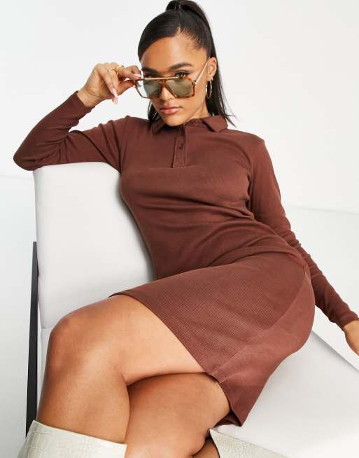 Threadbare - Lyon - Geribbelde midi jurk met polokraagje in chocoladebruin