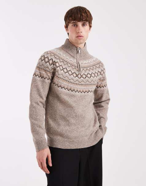 Threadbare - Maglione color tortora con motivo Fair Isle e zip corta - view 1