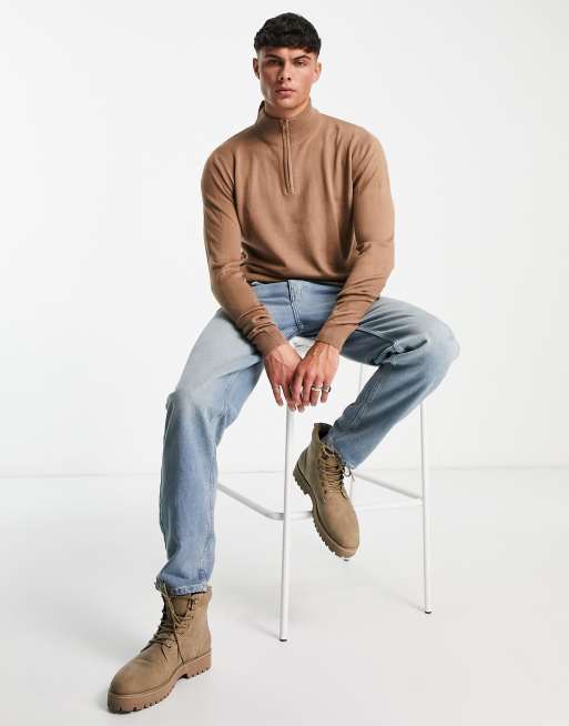 Threadbare - Maglione con scollo a imbuto in tessuto soft touch con cerniera lampo corta colore fungo