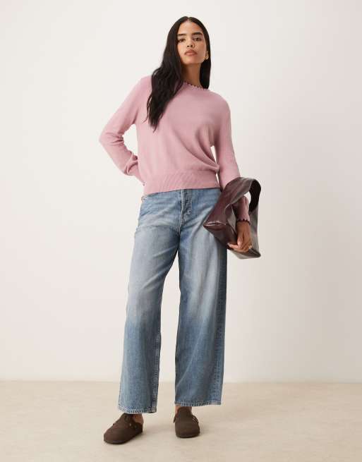 Threadbare - Maglione girocollo rosa con impunture a contrasto, 2 di 4