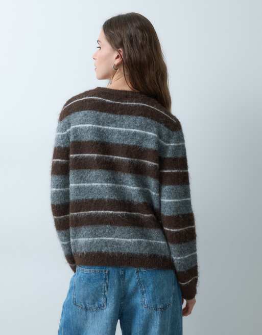 Threadbare maglione lavorato a maglia spazzolato a righe con girocollo in grigio e marrone, 4 di 5