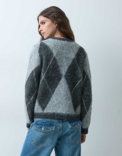 Threadbare maglione lavorato a maglia spazzolato con girocollo e motivo argyle in grigio antracite, 4 di 5