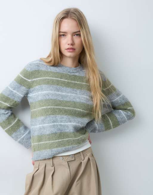 Threadbare maglione lavorato a maglia spazzolato girocollo a righe grigio e verde, 3 di 5