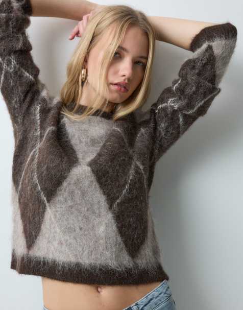 Threadbare maglione lavorato a maglia spazzolato girocollo argyle marrone cioccolato - view 1