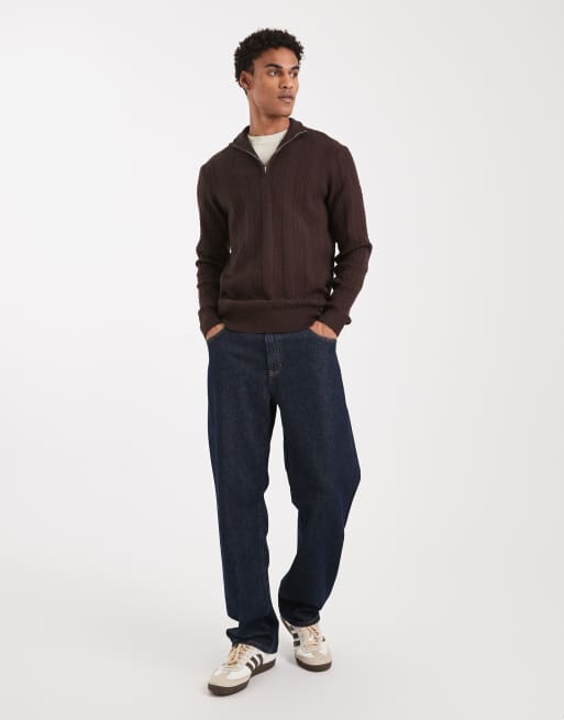 Threadbare - Maglione lavorato a trecce marrone cioccolato con zip corta, 2 di 5