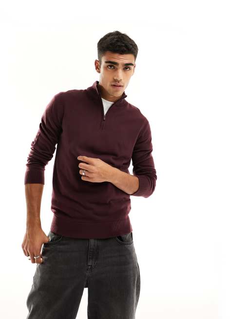 Threadbare - Maglione morbido con collo a imbuto bordeaux scuro con zip corta