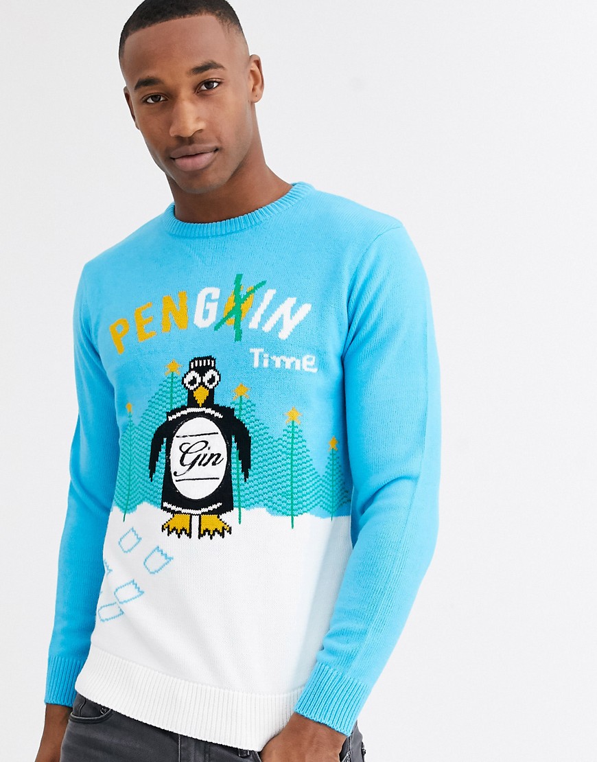 Threadbare - Maglione natalizio originale blu con pinguino
