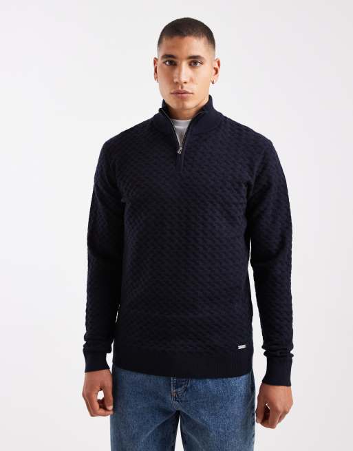 Threadbare - Maglione testurizzato color blu navy con zip corta