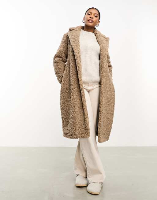 Threadbare - Maine - Cappotto in pile borg oversize color tortora allacciato in vita