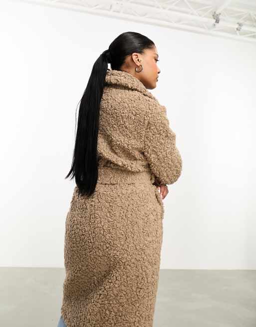 Threadbare - Maine - Gråbrun oversized frakke i imiteret lammeskind med taljebinding, 2 af 4