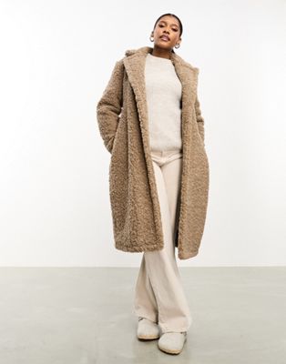 Threadbare Maine oversized borg coat with tie waist in taupe-Neutral