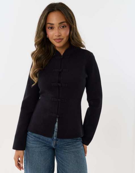 Threadbare Mandarin style knitted cardigan in black - view 1