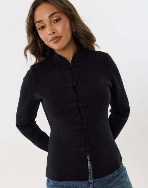 Threadbare Mandarin style knitted cardigan in black, 3 of 5