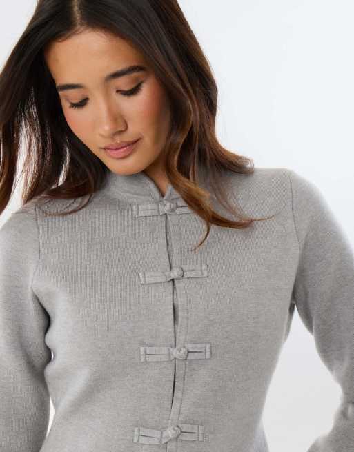 Threadbare Mandarin style knitted cardigan in grey, 3 of 4