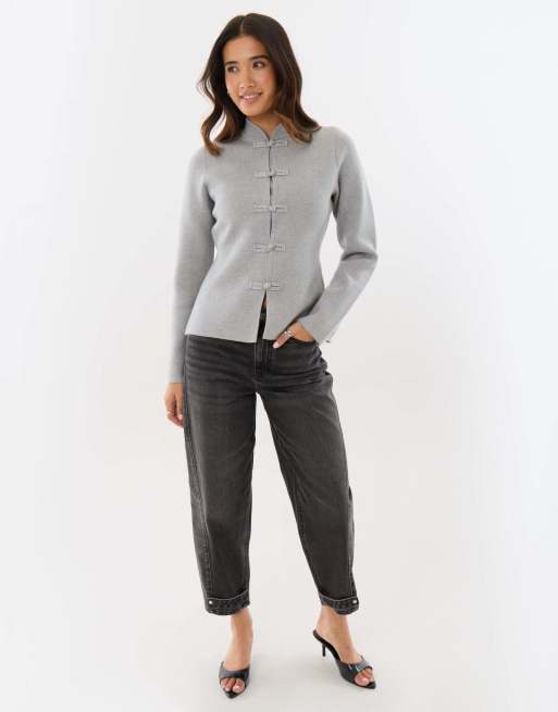 Threadbare Mandarin style knitted cardigan in grey, 4 of 4