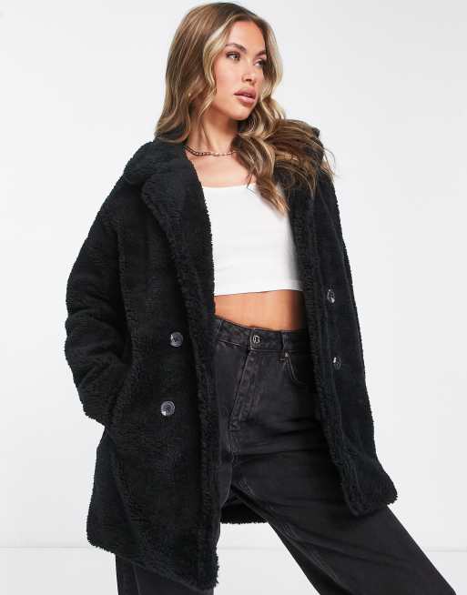 Threadbare Manteau mi long en imitation peau de mouton Noir ASOS