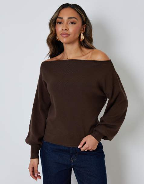 Threadbare 'marilyn' slash neck knitted jumper in chocolate - view 1