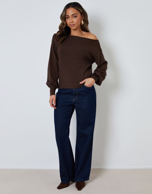 Threadbare 'marilyn' slash neck knitted jumper in chocolate, 2 of 4