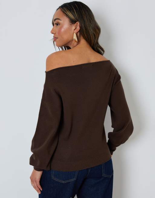 Threadbare 'marilyn' slash neck knitted jumper in chocolate, 4 of 4