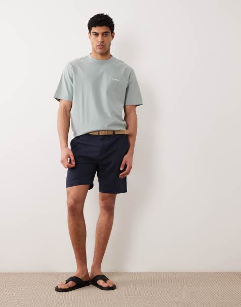 Threadbare – Marinblå chino-shorts i linnemix med skärp - view 1