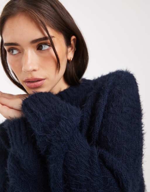 Threadbare – Marinblå, fluffig, mjuk tröja med rund halsringning, 3 av 4
