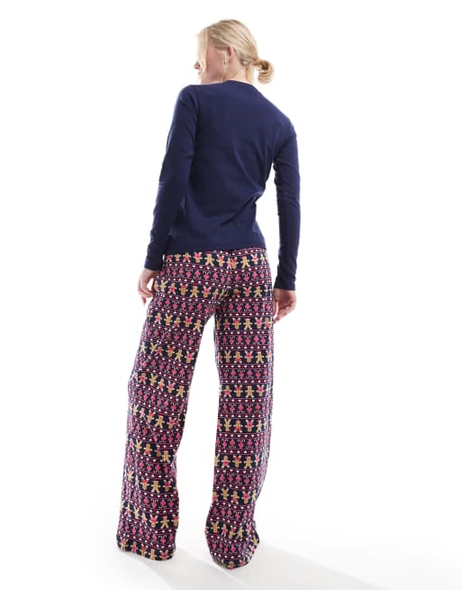 Threadbare – Marinblå, lång pyjamas med festligt pepparkaksmönster, 3 av 4