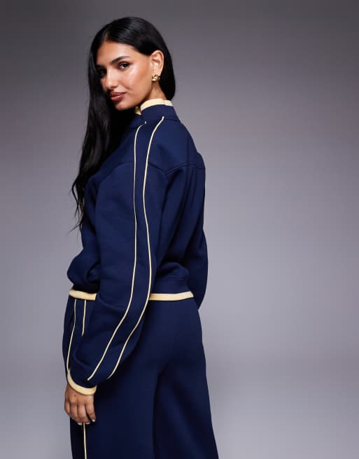Threadbare - Marineblå fleece-træningsjakke med lynlås og gul kontrastkant - Del af sæt, 4 af 4