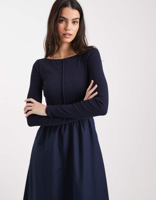 Threadbare - Marineblå midikjole med bådudskæring og sømdetaljer, 2 af 4