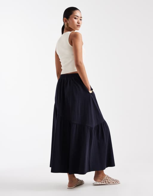 Threadbare - Marineblå midinederdel i jersey med asymmetrisk lag, 4 af 5