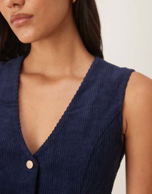 Threadbare - Marineblå minikjole med knapper foran i fløjl, 2 af 4
