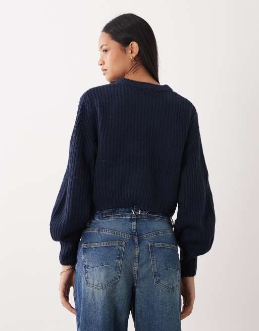 Threadbare - Marineblå ribstrikket cropped trøje med rund hals, 4 af 4