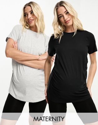 Threadbare Maternity 2 pack crew neck t-shirt in black and grey