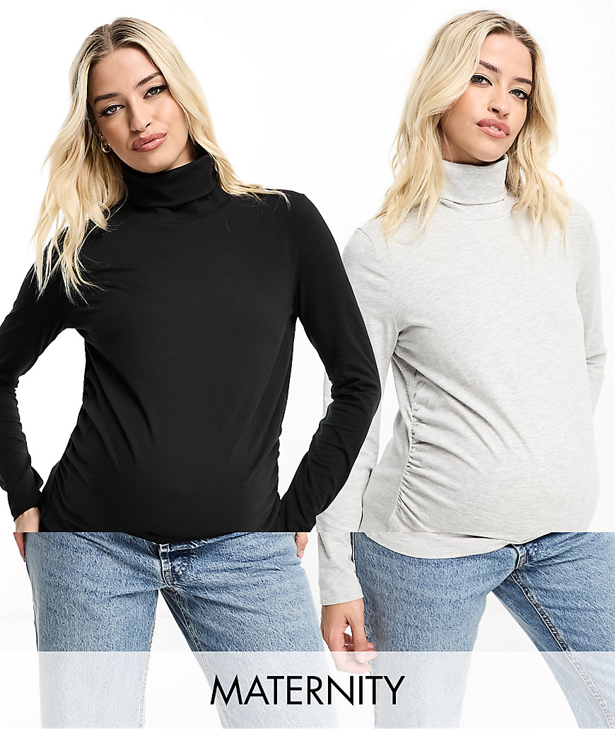 Maternity 2 pack high neck long sleeve top in black and gray