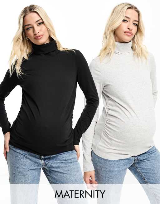 Threadbare Maternity 2 pack high neck long sleeve top in black and gray