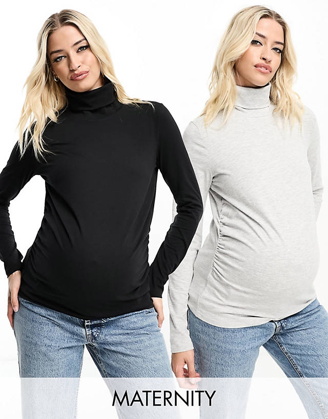 Threadbare - maternity 2 pack high neck long sleeve top in black and grey