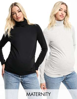 Threadbare Maternity 2 pack high neck long sleeve top in black and grey