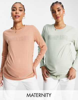 Threadbare Maternity 2 pack long sleeve t-shirt in taupe and sage