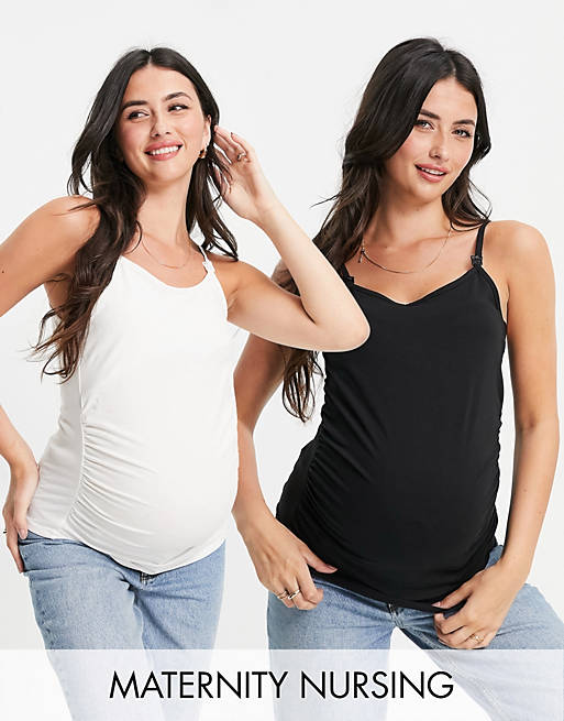 Threadbare Maternity 2 pack nursing cami vest top in black and white