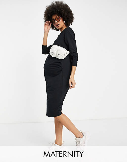 Threadbare Maternity button front long sleeve midi dress in black
