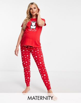 Threadbare Maternity Christmas long penguin pyjamas in red